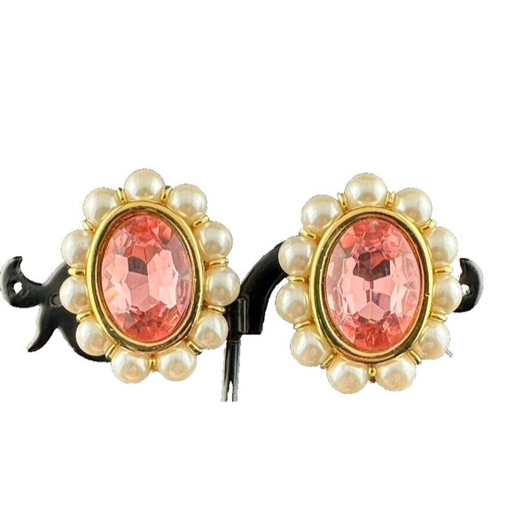 Vtg Napier 1990s round Pearl Pink Oval Crystal Gold Earrings - Screw back - Picture 1 of 6